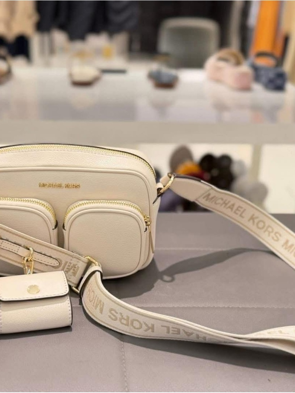 Michael Kors Cream Leather Crossbody Camera Bag with Logo Strap